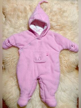 Vintage Baby Place Pink Hooded Baby Snowsuit with Bunny Pocket 3-6 months
